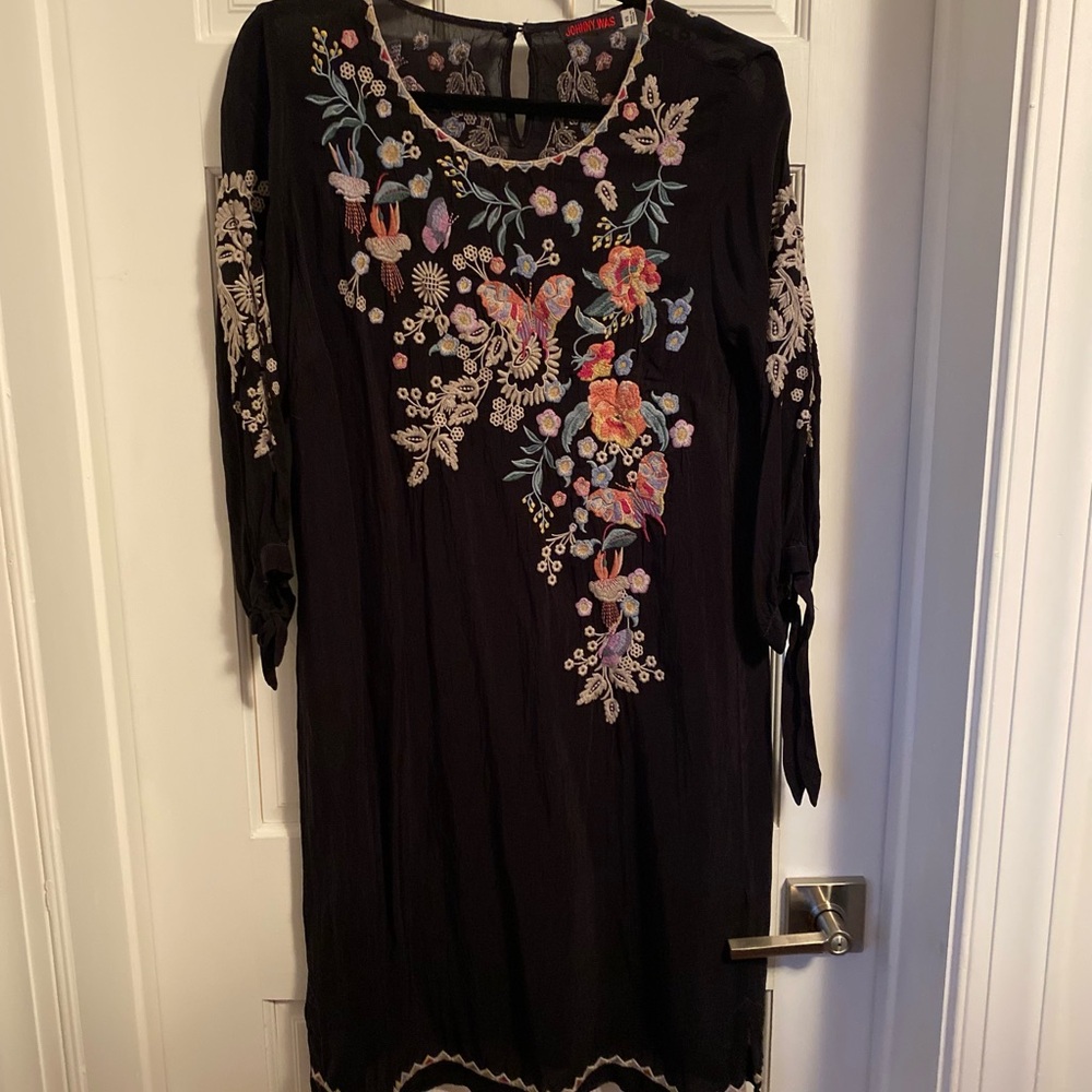 Johnny Was Black Dress with Floral Embroidery XS